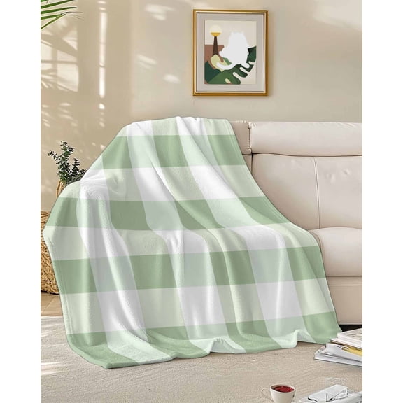 Fleece Blanket Simple White Green Buffalo Plaid Blankets, Soft Cozy Warm Flannel Throw Blanket, Spring Checker Gingham Blanket for Bed Couch Sofa,50x60In