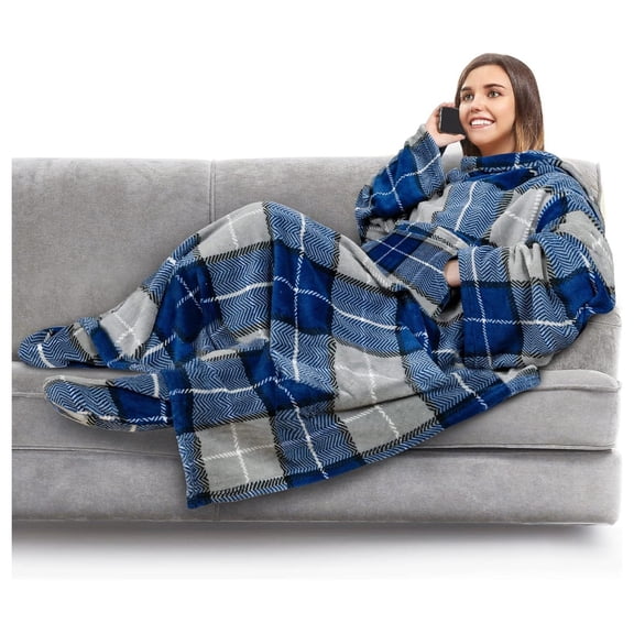 Fleece Blanket with Sleeves, Foot Pockets for Women Men Adults, Plush Wearable Blanket Throw Wrap, Warm Blanket Robe, Cozy Gift Ideas Wife Mom, Plaid Navy Blue