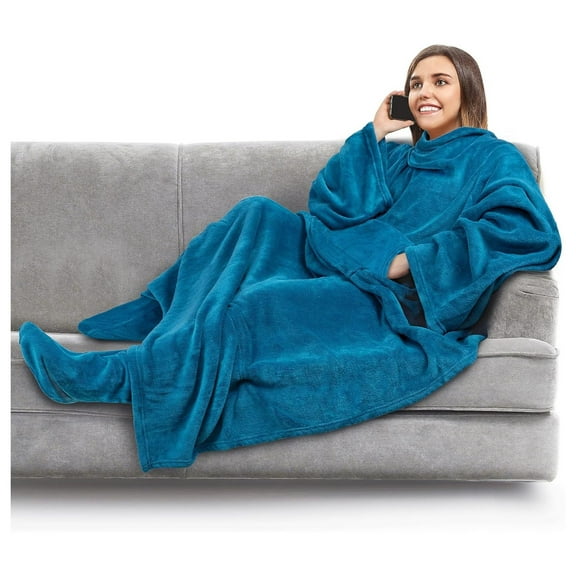 Fleece Blanket with Sleeves, Foot Pockets for Women Men Adults, Plush Wearable Blanket Throw Wrap, Warm Blanket Robe, Cozy Gift Ideas Wife Mom, Teal Blue