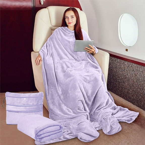 Fleece Blanket with Sleeves, Foot Pockets for Women Men Adults, Plush Wearable Blanket, Throw Wrap, Warm Snuggle Blanket Robe, Multifunctional Travel Blanket, Wearable Flannel Blanket