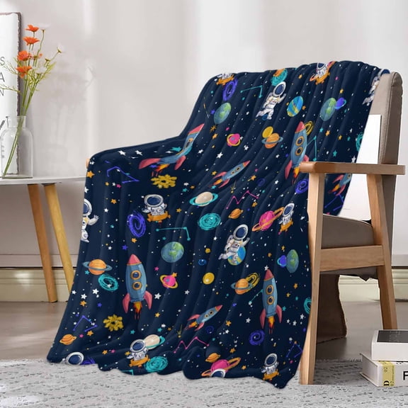 Fleece Blanket Space Planet Cartoon Rocket Blankets, Soft Cozy Warm Flannel Throw Blanket, Stars and Moon on Black Blanket for Bed Couch Sofa,30x40In