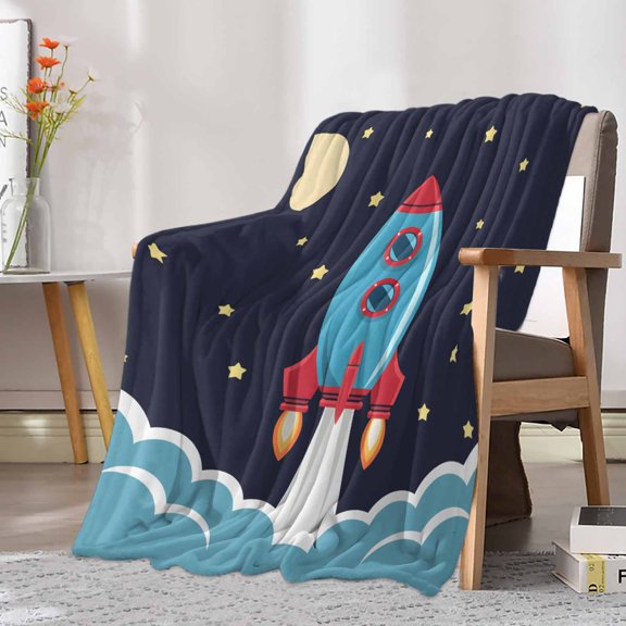 Fleece Blanket Space Rocket Moon Star Blankets, Soft Cozy Warm Flannel Throw Blanket, Cartoon Style Blanket for Bed Couch Sofa,30x40In