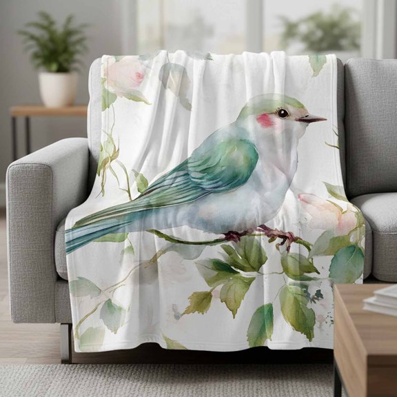 Fleece Blanket Spring Bird Pink Peach Blossom Blankets,Soft Cozy Warm Flannel Throw Blanket,Watercolor Green Leaves Blanket for Bed Couch Sofa 50x60in