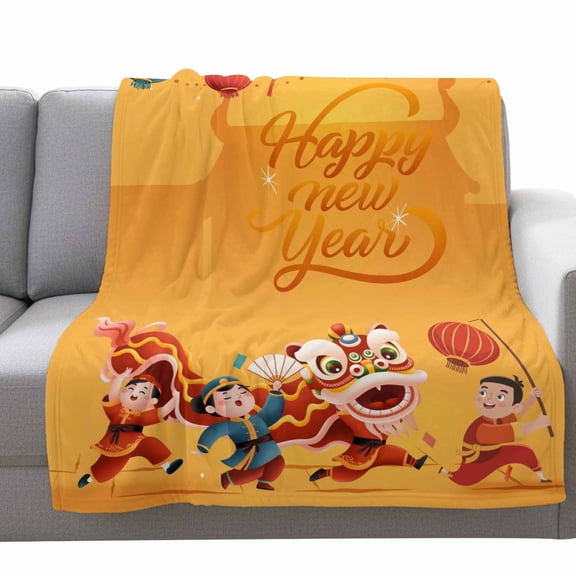 Fleece Blanket Spring Festival Dance Lions Blankets,Soft Cozy Warm Flannel Throw Blanket,Happy New Year Words Blanket for Bed Couch Sofa 30x40in