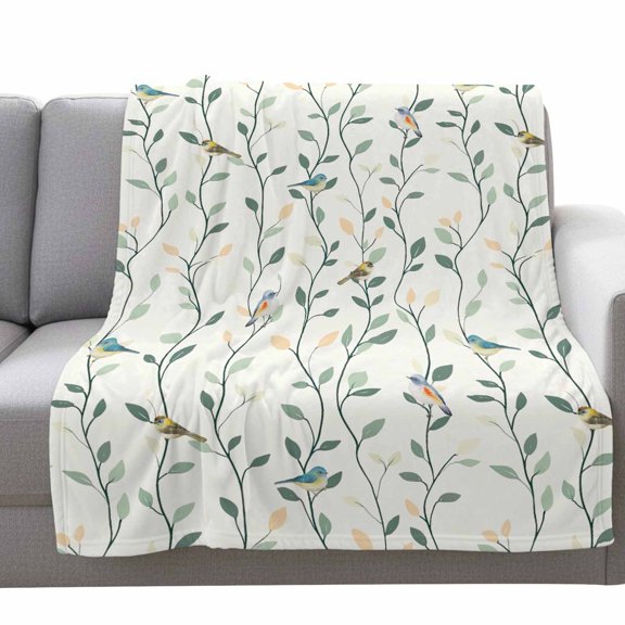 Fleece Blanket Spring Green Leaf Vine Bird Blankets,Soft Cozy Warm Flannel Throw Blanket,Country Plant Blanket for Bed Couch Sofa 30x40in