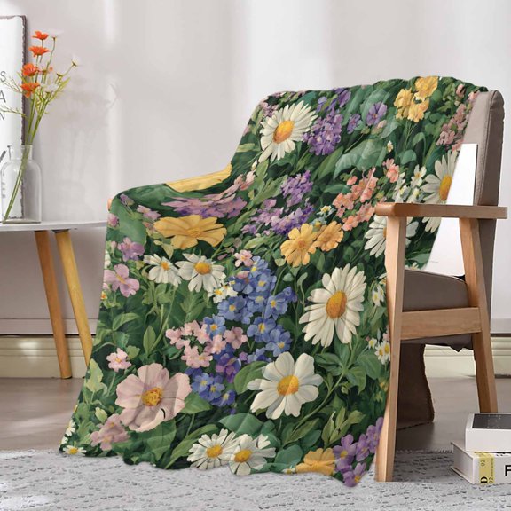 Fleece Blanket Spring Natural Wildflower Daisy Blankets, Soft Cozy Warm Flannel Throw Blanket, Colorful Floral Green Leaves Blanket for Bed Couch Sofa,30x40In
