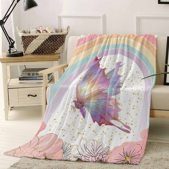 Fleece Blanket Spring Pink Flower Butterfly Blankets, Soft Cozy Warm Flannel Throw Blanket, Blossom Floral Rainbow Stripe Blanket for Bed Couch Sofa,40x50In