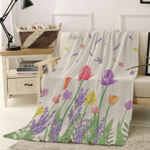 Fleece Blanket Spring Tulip Flower Lavender Watercolor Floral Blankets, Soft Cozy Warm Flannel Throw Blanket, Pastoral Plant Vintage Cotton Linen Blanket for Bed Couch Sofa,40x50In