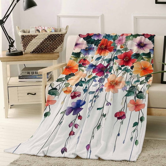 Fleece Blanket Spring Watercolor Flower Vine Blankets, Soft Cozy Warm Flannel Throw Blanket, Farmhouse Floral Foliage Blanket for Bed Couch Sofa,40x50In