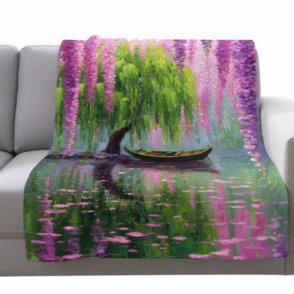 Fleece Blanket Spring Wisteria Willow Lake Blankets,Soft Cozy Warm Flannel Throw Blanket,Watercolor Tree Plants Boat Blanket for Bed Couch Sofa 30x40in
