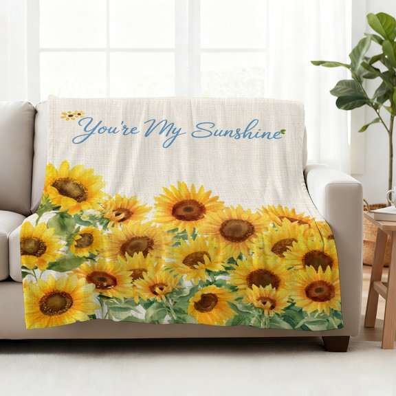 Fleece Blanket Spring Yellow Sunflower Retro Linen Blankets,Soft Cozy Warm Flannel Throw Blanket,You're My Sunshine Text Blanket for Bed Couch Sofa 40x50in
