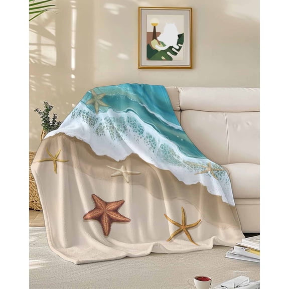 Fleece Blanket Starfish Summer Beach Ocean Blankets, Soft Cozy Warm Flannel Throw Blanket, Nautical Coastal Style Blanket for Bed Couch Sofa,50x60In