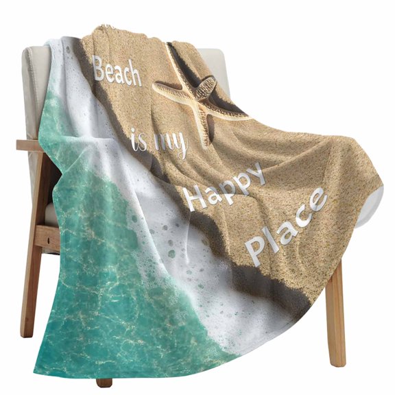 Fleece Blanket Starfish Summer Beach Sand Blankets, Soft Cozy Warm Flannel Throw Blanket, Sea Waves Teal Gradient Blanket for Bed Couch Sofa,40x60In