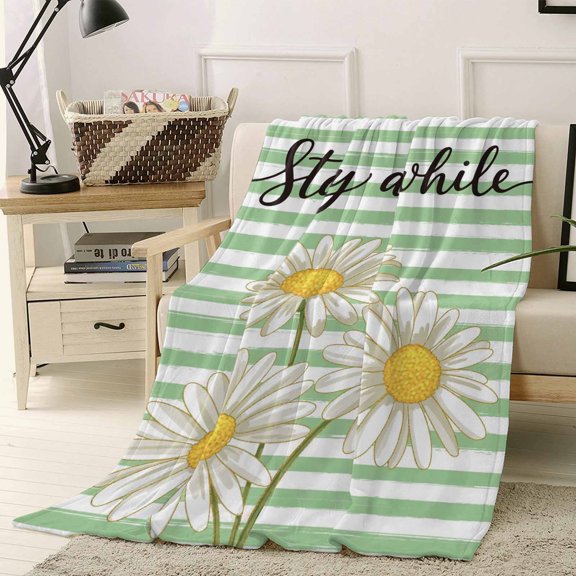 Fleece Blanket Stay Awhile Words on Green Striped Blankets, Soft Cozy Warm Flannel Throw Blanket, Country Flowers Daisy Blanket for Bed Couch Sofa,40x50In
