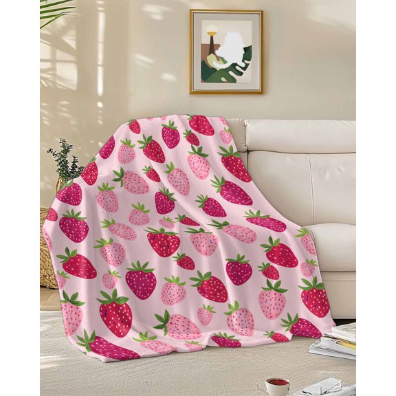 Fleece Blanket Strawberries on Pink Background Blankets, Soft Cozy Warm Flannel Throw Blanket, Cute Red Fruit Blanket for Bed Couch Sofa,50x60In