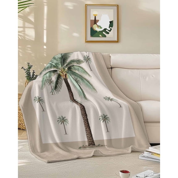 Fleece Blanket Summer Beach Coconut Tree Tropical Plant Blankets, Soft Cozy Warm Flannel Throw Blanket, Brown Back Blanket for Bed Couch Sofa,50x60In