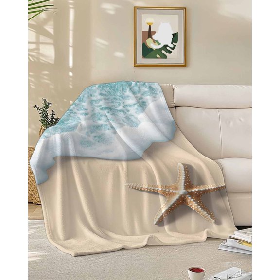 Fleece Blanket Summer Beach Ocean Starfish Blankets, Soft Cozy Warm Flannel Throw Blanket, Teal Water Wave Sand Blanket for Bed Couch Sofa,50x60In