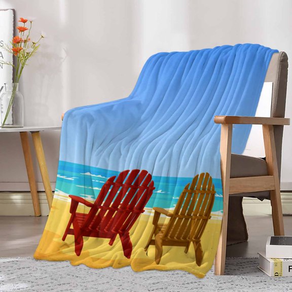 Fleece Blanket Summer Beach Sandy Chairs Blankets, Soft Cozy Warm Flannel Throw Blanket, Ocean Scene Blue Sky Blanket for Bed Couch Sofa,30x40In