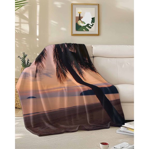 Fleece Blanket Summer Beach Sunset Blankets, Soft Cozy Warm Flannel Throw Blanket, Coconut Tree Shadow Blanket for Bed Couch Sofa,50x60In