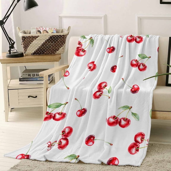 Fleece Blanket Summer Cherry Red Watercolor Blankets, Soft Cozy Warm Flannel Throw Blanket, Farm Fruit Harvest Blanket for Bed Couch Sofa,40x50In
