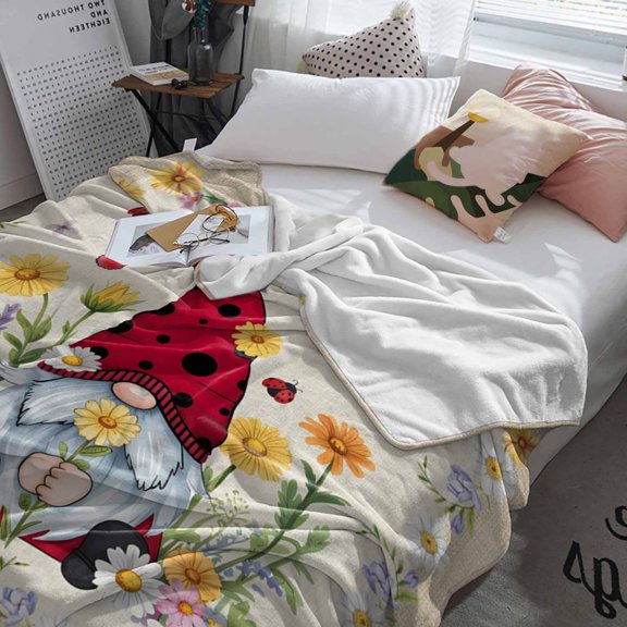 Fleece Blanket Summer Daisy Flower Ladybug Gnome Blankets, Soft Cozy Warm Flannel Throw Blanket, Green Leaves Watercolor Floral Blanket for Bed Couch Sofa,60x80In