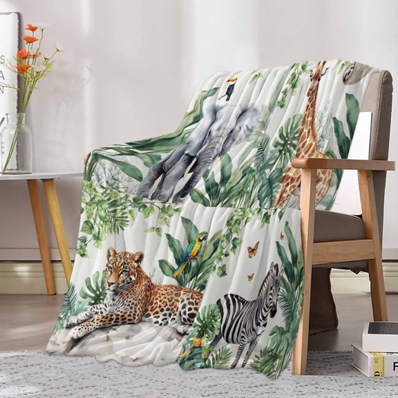 Fleece Blanket Summer Giraffe Tiger Zebra Palm Leaf Blankets, Soft Cozy Warm Flannel Throw Blanket, Tropical Plant Blanket for Bed Couch Sofa,30x40In