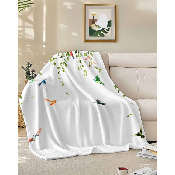 Fleece Blanket Summer Green Leaves Bird Blankets, Soft Cozy Warm Flannel Throw Blanket, Watercolor Leaf Vine Blanket for Bed Couch Sofa,50x60In
