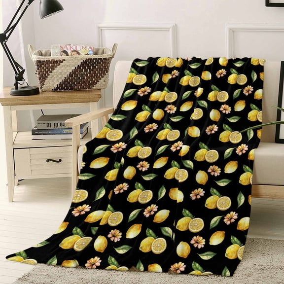 Fleece Blanket Summer Lemon Flower Leaves Blankets, Soft Cozy Warm Flannel Throw Blanket, Farm Fruit Harvest Blanket for Bed Couch Sofa,40x50In