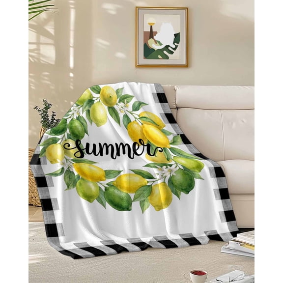 Fleece Blanket Summer Lemon Leaf Flower Blankets, Soft Cozy Warm Flannel Throw Blanket, Rustic Fruit Buffalo Plaid Blanket for Bed Couch Sofa,50x60In