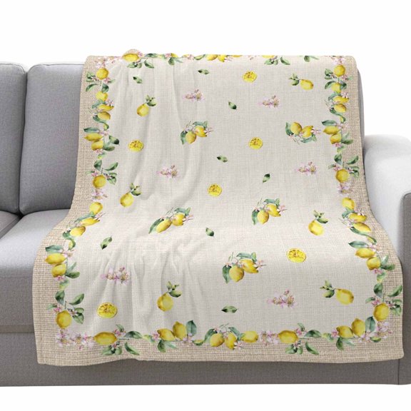 Fleece Blanket Summer Lemon on Linen Burlap Blankets,Soft Cozy Warm Flannel Throw Blanket,Farm Fruit Floral Leaves Blanket for Bed Couch Sofa 30x40in