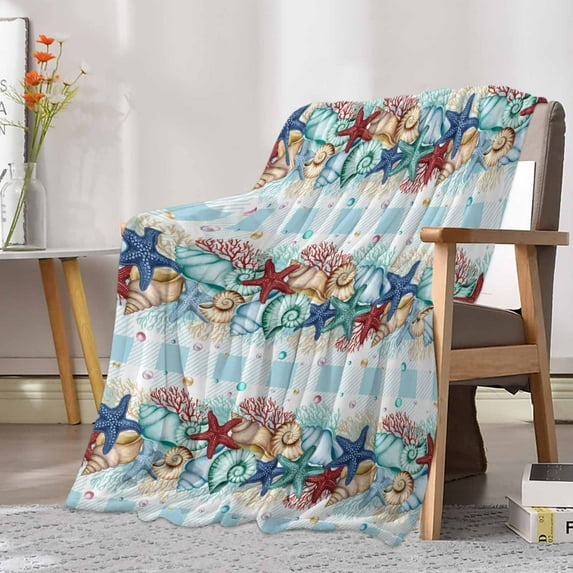 Fleece Blanket Summer Marine Life Starfish Coral Blankets, Soft Cozy Warm Flannel Throw Blanket, Blue White Plaid Blanket for Bed Couch Sofa,30x40In