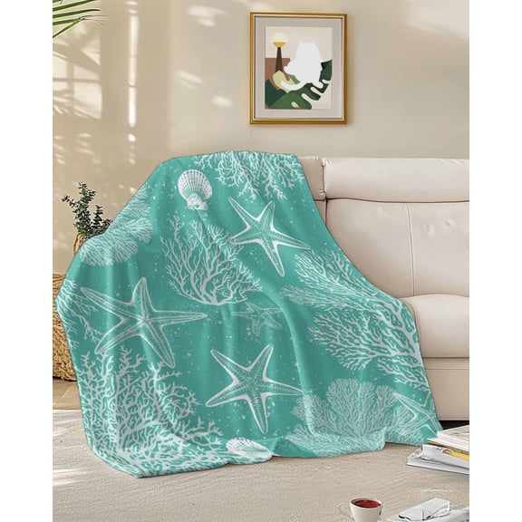 Fleece Blanket Summer Ocean Abstract Starfish Blankets, Soft Cozy Warm Flannel Throw Blanket, Turquoise Coral Shell Blanket for Bed Couch Sofa,50x60In