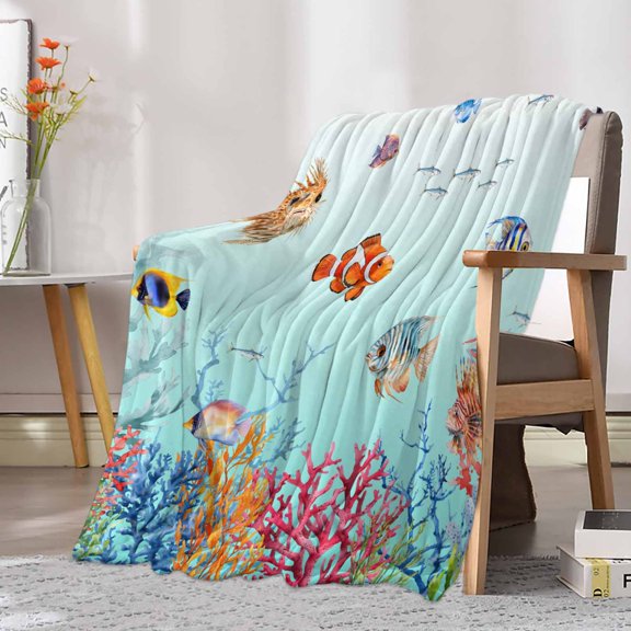 Fleece Blanket Summer Ocean Fish Coral Blankets, Soft Cozy Warm Flannel Throw Blanket, Blue Sea Underwater World Blanket for Bed Couch Sofa,30x40In