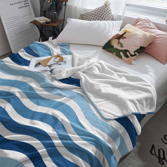 Fleece Blanket Summer Ocean Navy Blue Gradient Ripple Blankets, Soft Cozy Warm Flannel Throw Blanket, Abstract Geometric Blanket for Bed Couch Sofa,60x80In