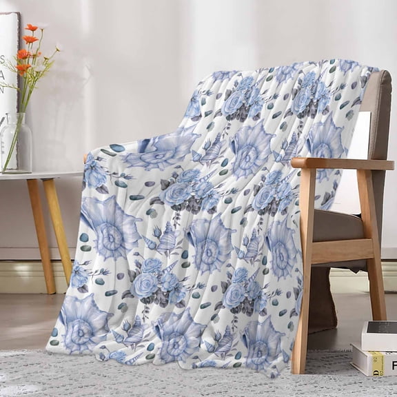 Fleece Blanket Summer Ocean Sea Shell Flower Blankets, Soft Cozy Warm Flannel Throw Blanket, Seamless Conch Nautilus on White Blanket for Bed Couch Sofa,30x40In