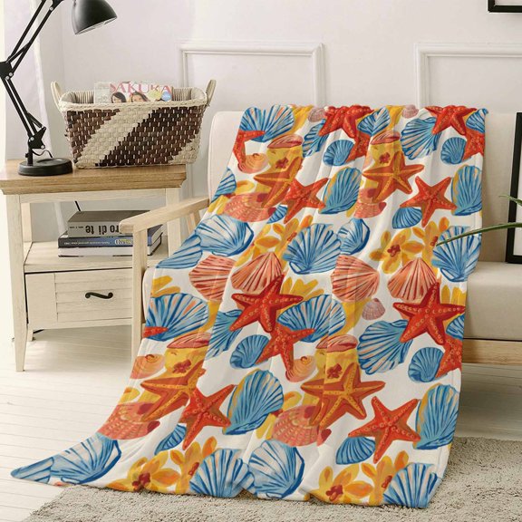 Fleece Blanket Summer Ocean Starfish Shell Conch Blankets, Soft Cozy Warm Flannel Throw Blanket, Watercolor Marine Life Blanket for Bed Couch Sofa,40x50In