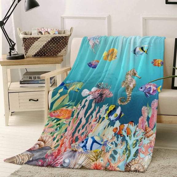 Fleece Blanket Summer Ocean Tropical Fish Blankets, Soft Cozy Warm Flannel Throw Blanket, Abstract Coral Shell on Blue Blanket for Bed Couch Sofa,40x50In