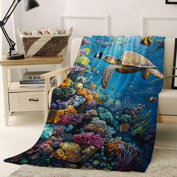 Fleece Blanket Summer Sea Turtle Ocean Coral Fish Blankets, Soft Cozy Warm Flannel Throw Blanket, Underwear World Blanket for Bed Couch Sofa,40x50In