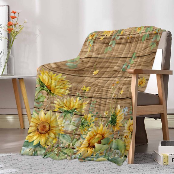 Fleece Blanket Summer Sunflower Brown Plaid Blankets, Soft Cozy Warm Flannel Throw Blanket, Farmhouse Leaves Plant Blanket for Bed Couch Sofa,30x40In