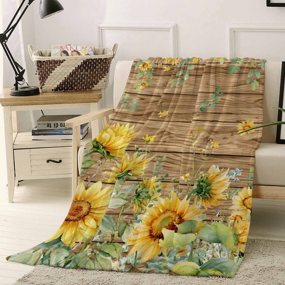 Fleece Blanket Summer Sunflower Brown Plaid Blankets, Soft Cozy Warm Flannel Throw Blanket, Farmhouse Leaves Plant Blanket for Bed Couch Sofa,40x50In