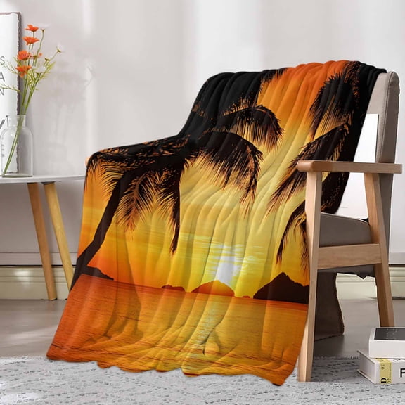Fleece Blanket Summer Sunset Beach Coconut Tree Shadow Blankets, Soft Cozy Warm Flannel Throw Blanket, Seaside Coastal Blanket for Bed Couch Sofa,30x40In