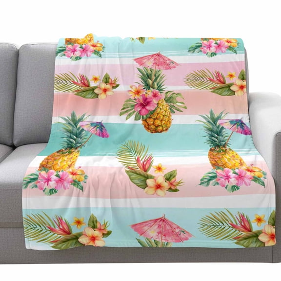 Fleece Blanket Summer Tropical Fruit Pineapple Blankets,Soft Cozy Warm Flannel Throw Blanket,Pink Green Striped Blanket for Bed Couch Sofa 40x50in