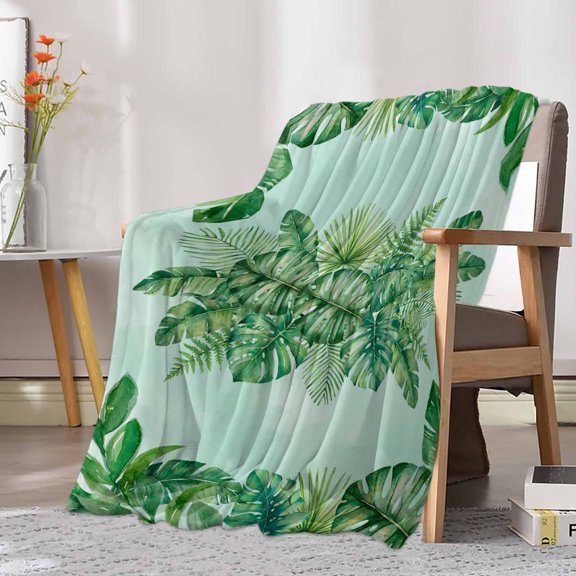 Fleece Blanket Summer Tropical Plants Leaves Blankets, Soft Cozy Warm Flannel Throw Blanket, Watercolor Monstera Palm Leaf Blanket for Bed Couch Sofa,30x40In