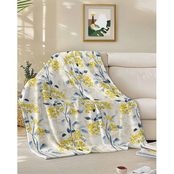 Fleece Blanket Summer Yellow Flower Leaf Plant Blankets, Soft Cozy Warm Flannel Throw Blanket, Abstract Floral Blanket for Bed Couch Sofa,50x60In