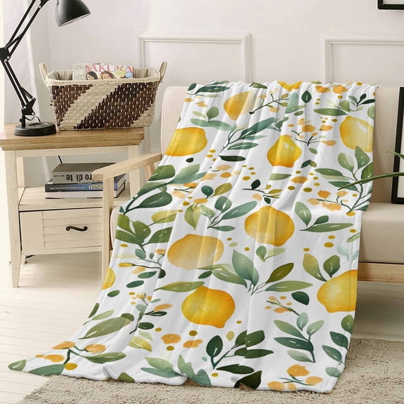 Fleece Blanket Summer Yellow Lemon Green Leaf Blankets, Soft Cozy Warm Flannel Throw Blanket, Farmhouse Fruit Plant Blanket for Bed Couch Sofa,40x50In