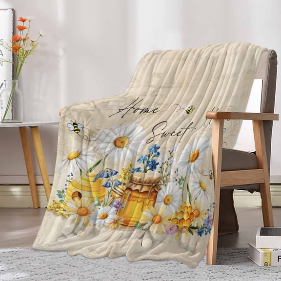 Fleece Blanket Sweet Home Words Farm Bees Blankets, Soft Cozy Warm Flannel Throw Blanket, Farmhouses Wildflowers Daisy Blanket for Bed Couch Sofa,30x40In