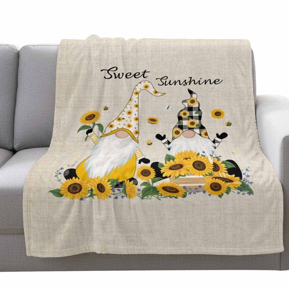 Fleece Blanket Sweet Sunshine Words Gnomes Blankets,Soft Cozy Warm Flannel Throw Blanket,Farm Sunflowers on Linen Blanket for Bed Couch Sofa 30x40in