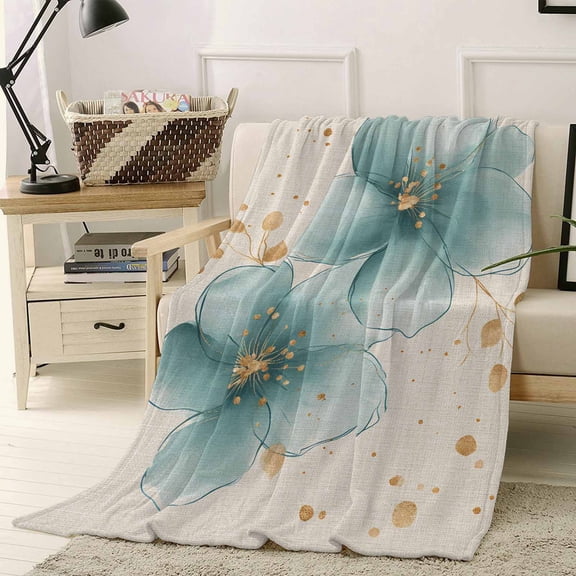 Fleece Blanket Teal Blue Blossom Flower on Linen Blankets, Soft Cozy Warm Flannel Throw Blanket, Spring Floral Plant Blanket for Bed Couch Sofa,40x50In
