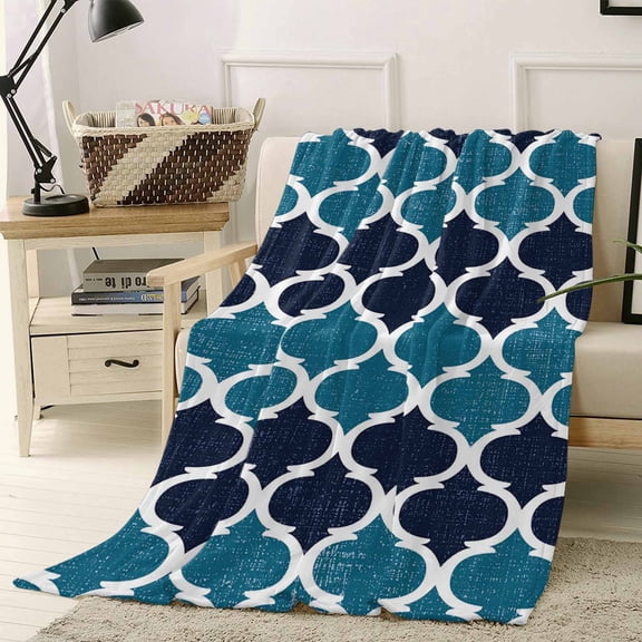Fleece Blanket Teal Moroccan Pattern Buffalo Check Blankets, Soft Cozy Warm Flannel Throw Blanket, Navy Blue Style Blanket for Bed Couch Sofa,40x50In