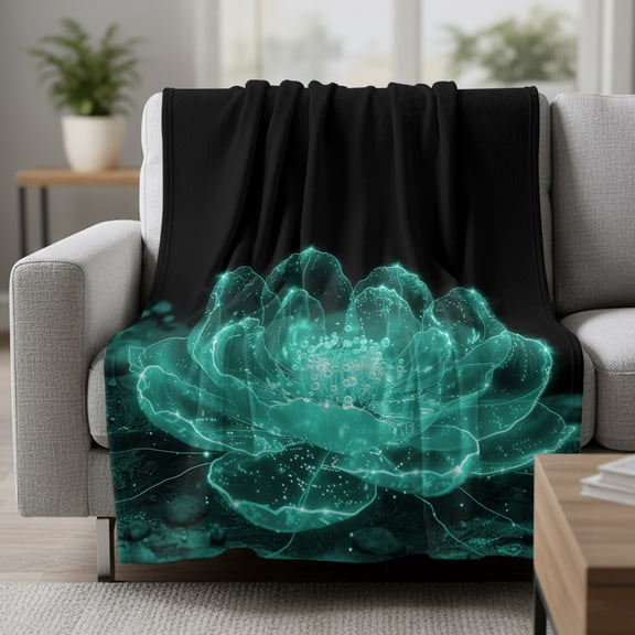 Fleece Blanket Teal Watercolor Transparent Flower Blankets,Soft Cozy Warm Flannel Throw Blanket,Blooms Floral on Black Blanket for Bed Couch Sofa 30x40in